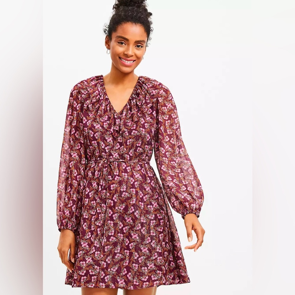 Loft long sleeve burgundy and pink dress